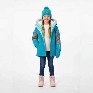 ZeroXposur Kids' Aqua and Gray Puffer Jacket with Faux Fur Hood